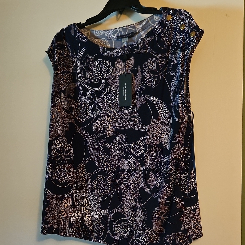 Tommy Hilfiger Black and Pink Graphic Blouse Cap Sleeve